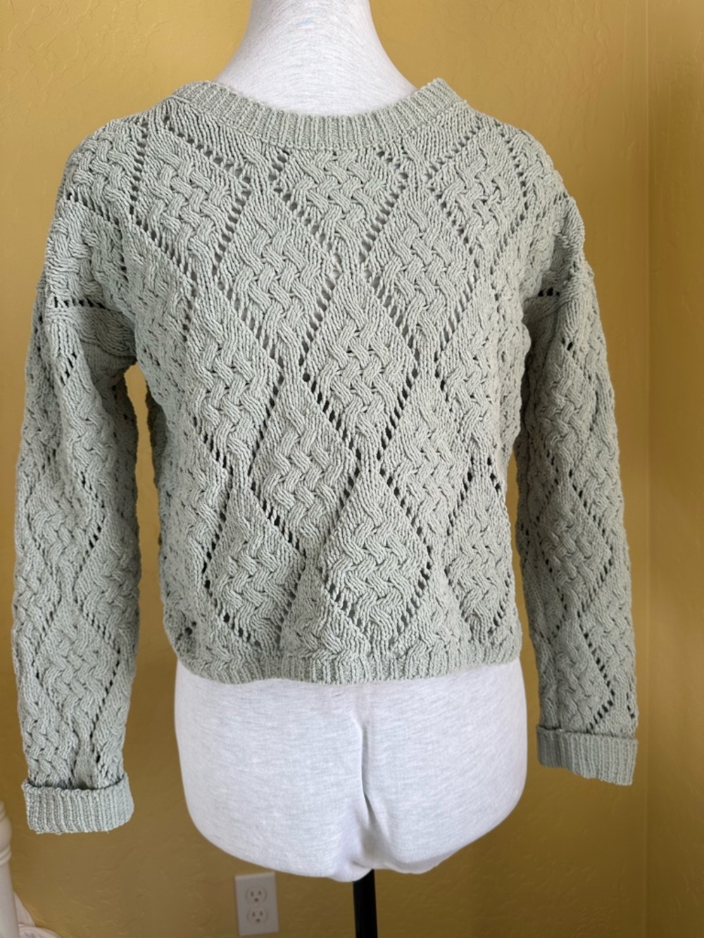 Light Sage Open-Knit Cropped Sweater - Size XS